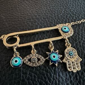 Evil Eye Hamsa Safety Pin Gold Tone w/Turquoise Accents Necklace